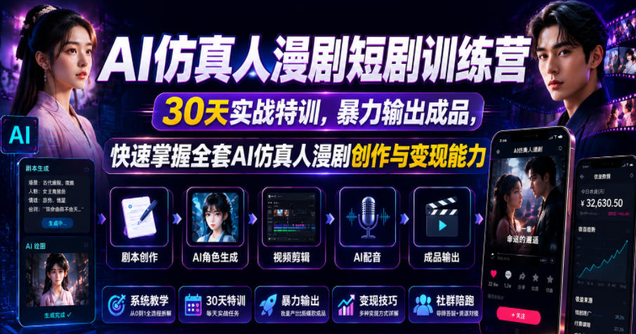 AI仿真人漫剧短剧训练营,30天实战特训,暴力输出成品,快速掌握全套AI仿真人漫剧创作与变现能力-K6源码网