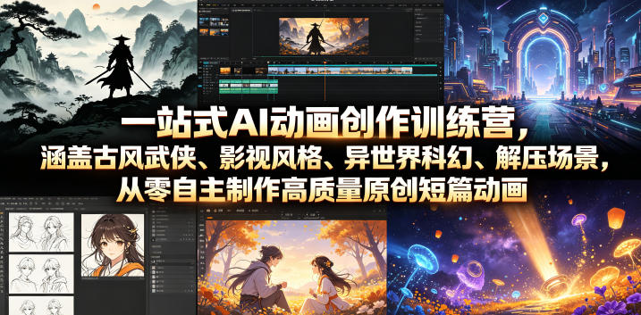 一站式AI动画创作训练营，涵盖古风武侠、影视风格、异世界科幻、解压场景，从零自主制作高质量原创短篇动画-K6源码网