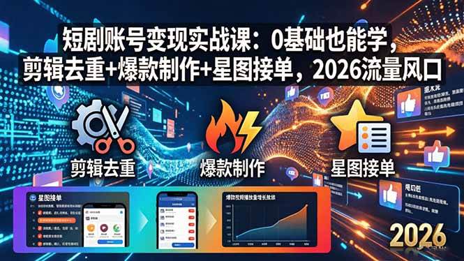 （18160期）短剧账号变现实战课：0基础也能学，剪辑去重+爆款制作+星图接单，2026流量风口-K6源码网