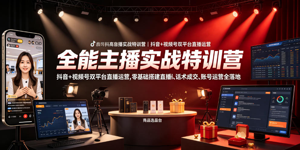 全能主播实战特训营|抖音+视频号双平台直播运营,零基础搭建直播间、精准选品、话术成交、账号运营全落地 全能主播实战特训营|抖音+视频号双平台直播运营,零基础搭建直播间、精准选品、话术成交、账号运营全落地