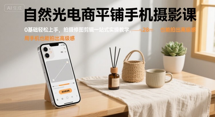 自然光电商平铺手机摄影课,0基础轻松上手,拍摄修图剪辑一站式实操教学,用手机也能拍出高级感-K6源码网