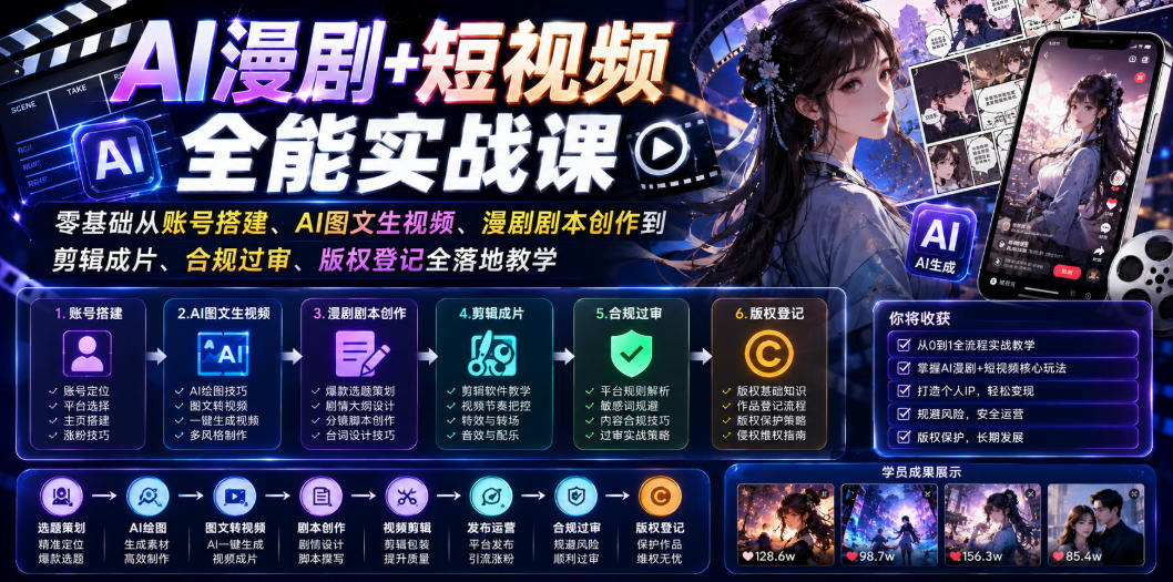 AI漫剧+短视频全能实战课｜零基础从账号搭建、AI图文生视频、漫剧剧本创作到剪辑成片、合规过审、版权登记全落地教学-K6源码网