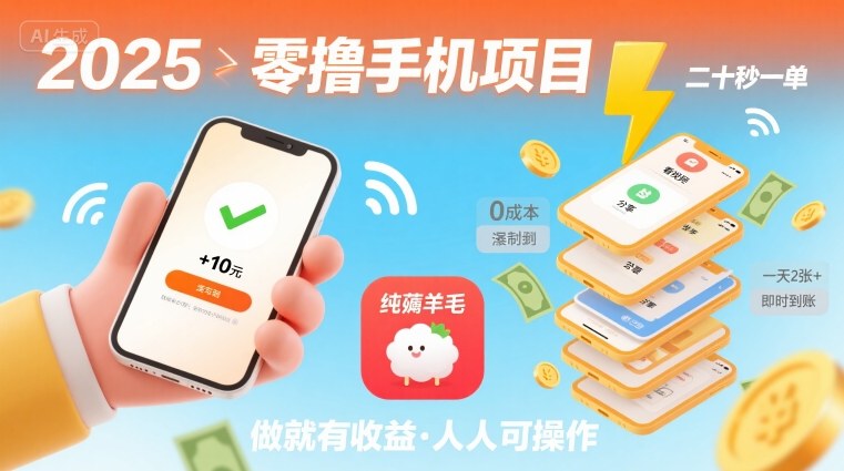 2025年零撸手机项目,二十秒一单,纯薅羊毛 一天2张+做就有-K6源码网