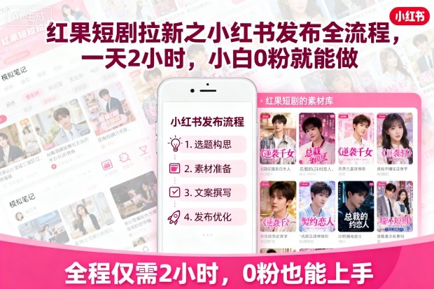 红果短剧拉新之小红书发布全流程,一天2小时,小白0粉就能做-K6源码网