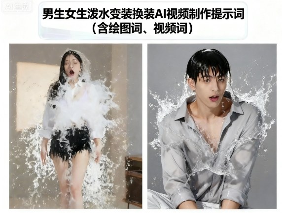 男生女生泼水变装换装AI视频制作提示词(含绘图词、视频词)-K6源码网
