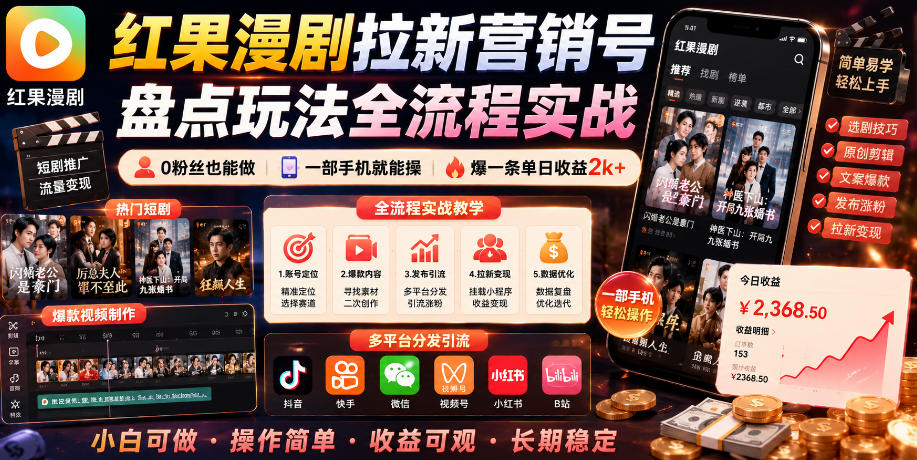 红果漫剧拉新营销号盘点玩法全流程实战,0粉丝也能做,一部手机就能做,爆一条单日收益2k+-K6源码网