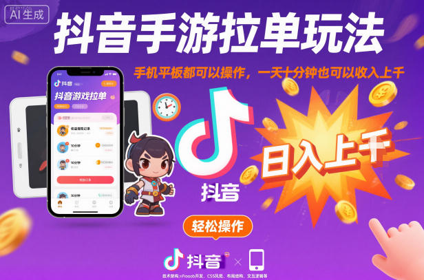 抖音手游拉单玩法，手机平板都可以操作，一天十分钟也可以收入上K【揭秘】-K6源码网