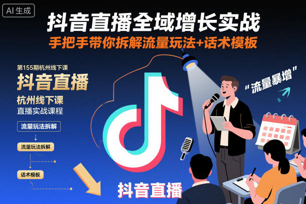 抖音直播全域增长实战第155期杭州线下课,手把手带你拆解流量玩法+话术模板-K6源码网