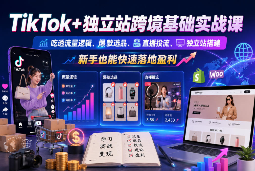 TikTok+独立站跨境基础实战课,吃透流量逻辑、爆款选品、直播投流与独立站搭建,新手也能快速落地盈利-K6源码网