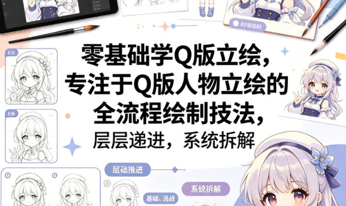 零基础学Q版立绘，专注于Q版人物立绘的全流程绘制技法，层层递进，系统拆解-K6源码网