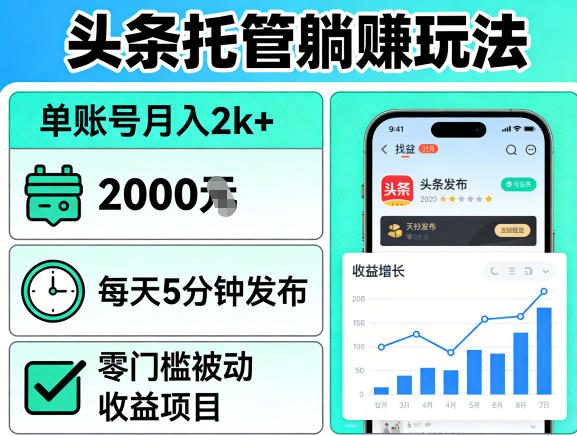 头条托管躺賺玩法，单账号月入2k+，每天5分钟发布即可，零门槛被动收益项目【揭秘】-K6源码网