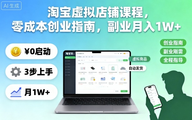淘宝虚拟店铺课程,零成本创业指南,副业月入1W+-K6源码网