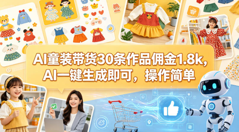 AI童装带货30条作品佣金1.8k，AI一键生成即可，操作简单-K6源码网