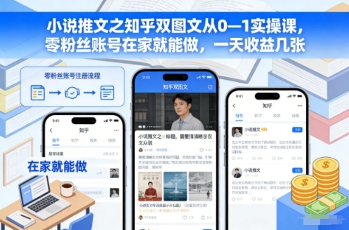 小说推文之知乎双图文从0—1实操课,零粉丝账号在家就能做,一天收益几张-K6源码网