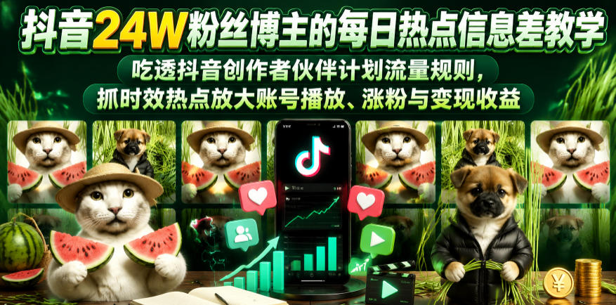 抖音24W粉丝博主的每日热点信息差教学,吃透创作者伙伴计划流量规则,抓时效热点放大账号播放、涨粉与变现收益-K6源码网