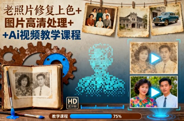 老照片修复上色+图片高清处理+Ai视频教学课程-K6源码网