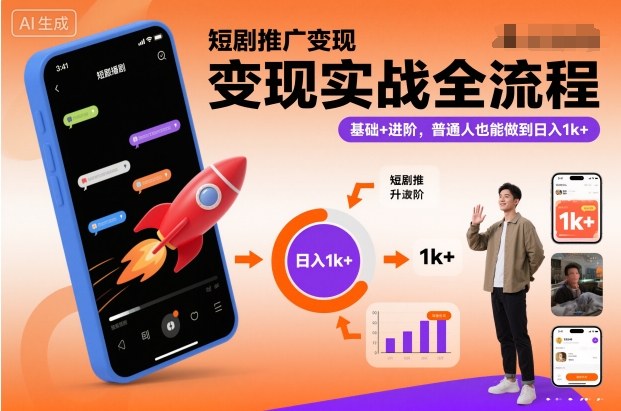 短剧推广变现实战全流程,基础+进阶,普通人也能做到日入1k+-K6源码网