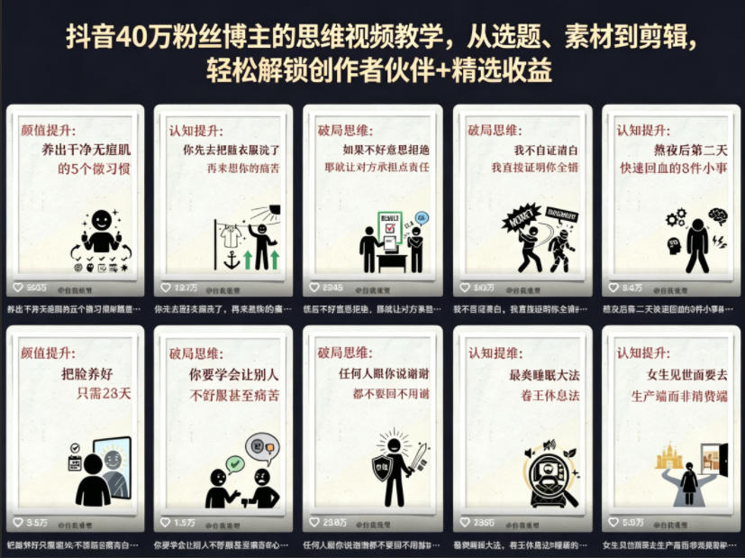 抖音40W粉丝博主的思维视频教学，从选题、素材到剪辑，轻松解锁创作者伙伴+精选收益-K6源码网