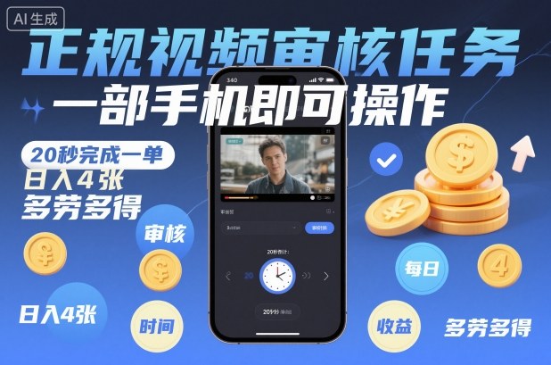 正规视频审核任务，一部手机即可操作，20秒完成一单，日入4张，多劳多得【揭秘】-K6源码网