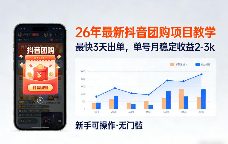 26年最新抖音团购项目教学，0门槛，最快3天出单，单号月稳定收益2-3k-K6源码网