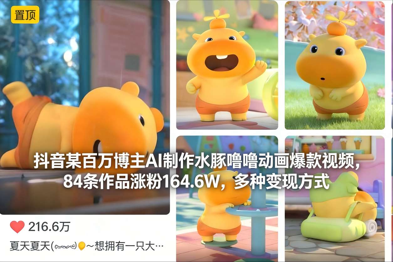 抖音某百万博主AI制作水豚噜噜动画爆款视频，84条作品涨粉164.6W，多种变现方式-K6源码网
