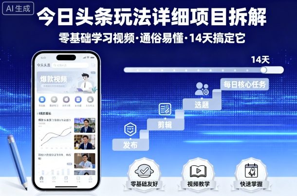 今日头条玩法详细项目拆解，零基础学习视频 通俗易懂 14天搞定它-K6源码网