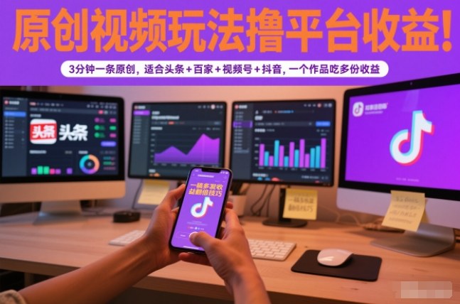 原创视频玩法撸平台收益，3分钟一条原创，适合头条+百家+视频号+抖音，一个作品吃多份收益-K6源码网