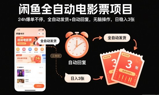 闲鱼全自动电影票项目，24h爆单不停，全自动发货+自动回复，无脑操作，日稳入3张【揭秘】-K6源码网