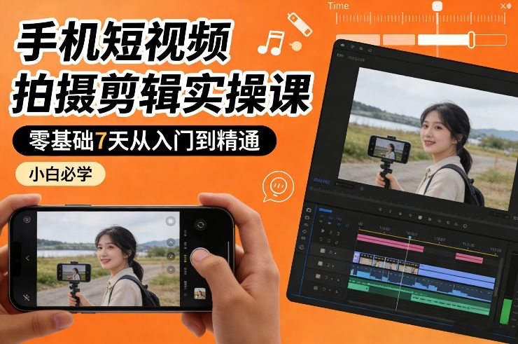 手机短视频拍摄剪辑实操课，零基础7天从入门到精通，小白必学-K6源码网