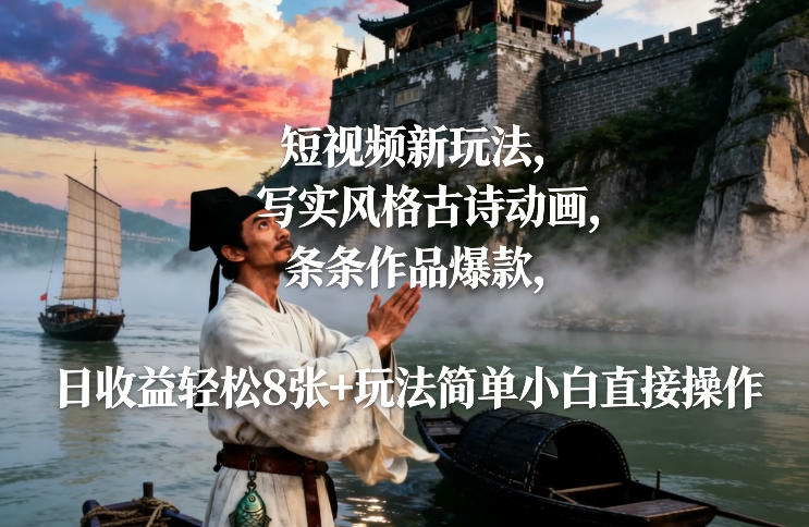 短视频新玩法，写实风格古诗动画，条条作品爆款，日收益轻松8张+玩法简单小白直接操作-K6源码网
