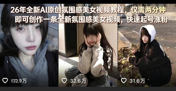 26年全新AI原创氛围感美女视频教程，仅需两分钟即可创作一条全新氛围感美女视频，快速起号涨粉-K6源码网
