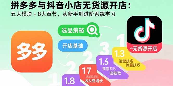 (15805期)拼多多与抖音小店无货源开店:五大模块+8大章节,从新手到进阶系统学习-K6源码网