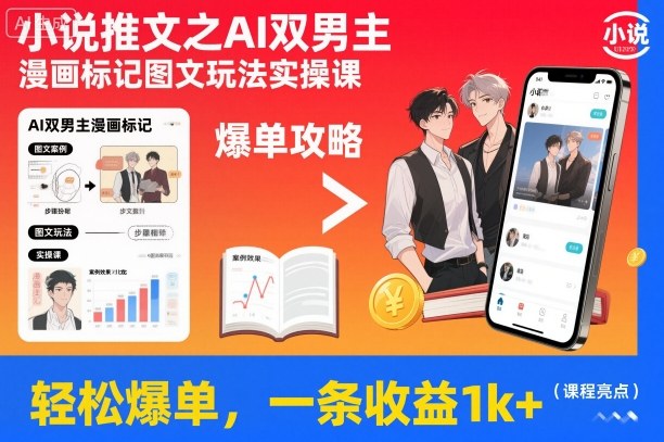 小说推文之AI双男主漫画标记图文玩法实操课，轻松爆单，一条收益1k+-K6源码网