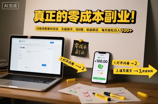 真正的零成本副业！问卷调查暴利项目，无脑操作，纯0撸，收益稳定，每天轻松日入100+【揭秘】-K6源码网
