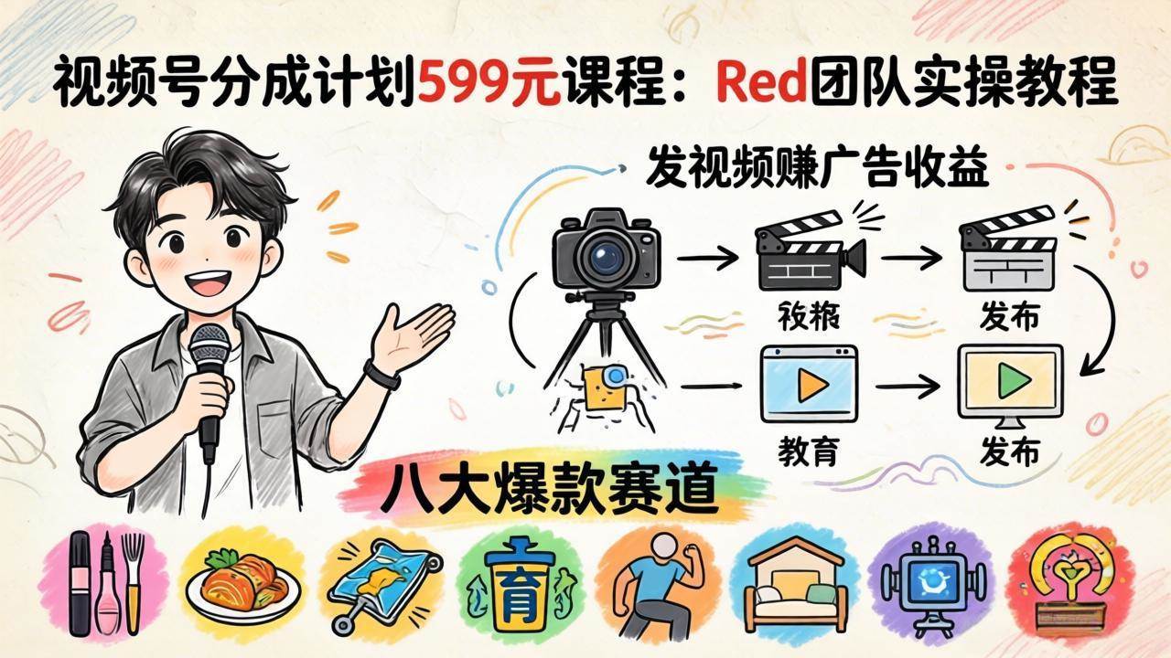 （18088期）视频号分成计划599元课程：Red团队实操教程，发视频赚广告收益，八大爆款赛道全掌握-K6源码网