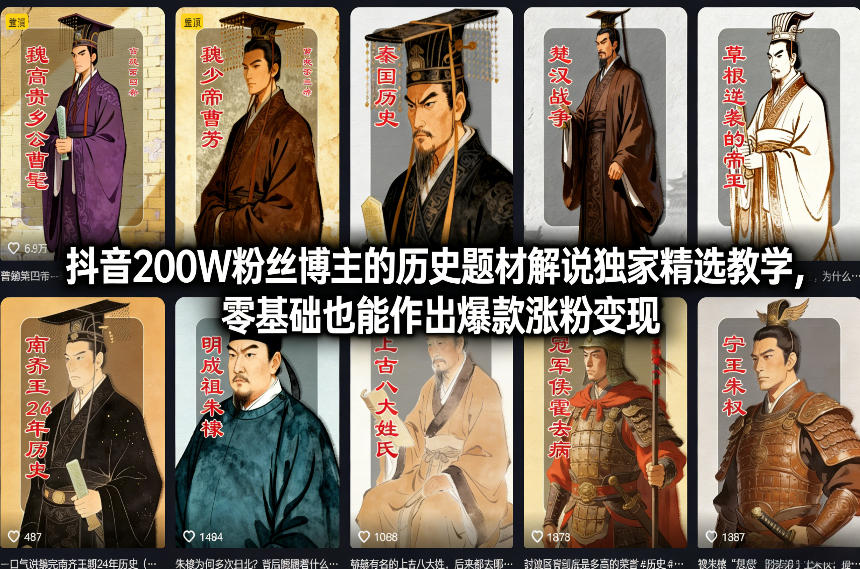 抖音200W粉丝博主的历史题材解说独家精选教学，零基础也能作出爆款涨粉变现-K6源码网