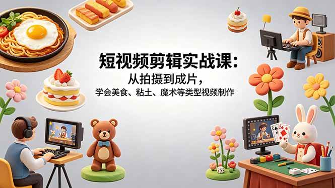 （18375期）短视频剪辑实战课：从拍摄到成片，学会美食、粘土、魔术等类型视频制作-K6源码网