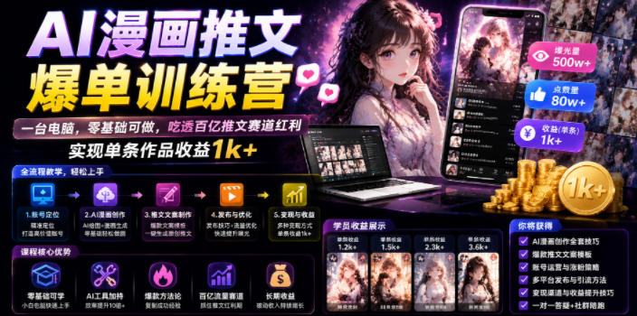 AI漫画推文爆单训练营，一台电脑，零基础可做，吃透百亿推文赛道红利，实现单条作品收益1k+（更新0705）-K6源码网