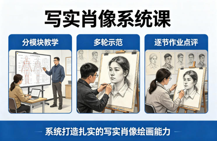 写实肖像系统课,全程分模块教学+多轮示范+逐节作业点评,系统打造扎实的写实肖像绘画能力-K6源码网