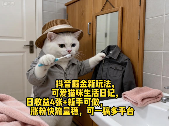 抖音掘金新玩法，可爱猫咪生活日记，日收益4张+新手可做，涨粉快流量稳，可一稿多平台-K6源码网