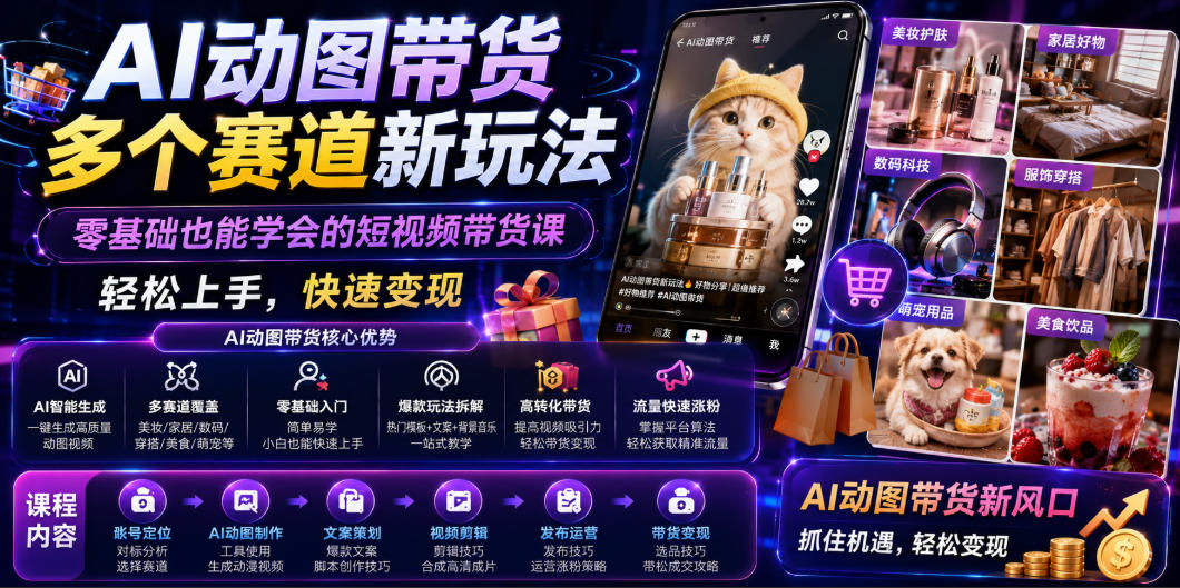 AI动图带货多个赛道新玩法，零基础也能学会的短视频带货课，轻松上手，快速变现-K6源码网