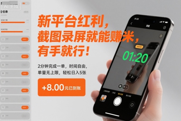 新平台红利,截图录屏就能賺米,有手就行!2分钟完成一单,时间自由,单量无上限,轻松日入5张【揭秘】-K6源码网