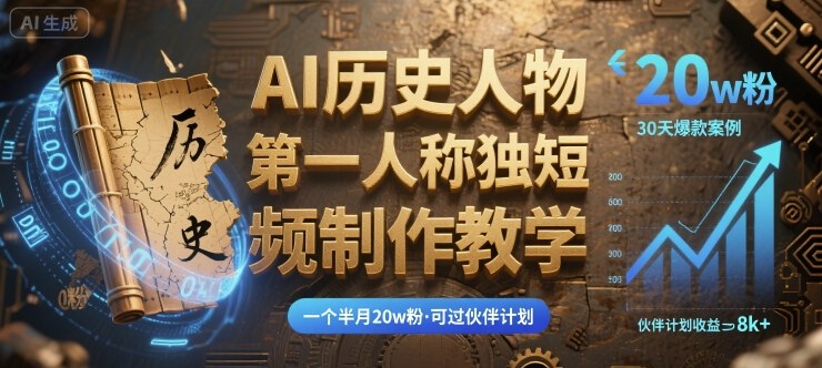 最新AI历史人物第一人称独白短视频制作教学,一个半月20w粉,可过伙伴计划-K6源码网