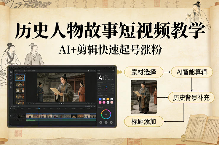 历史人物故事短视频教学，AI+剪辑制作历史人物题材短视频，快速起号涨粉-K6源码网