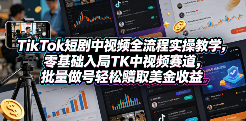 TikTok短剧中视频全流程实操教学,零基础入局TK中视频赛道,批量做号轻松賺取美金收益-K6源码网