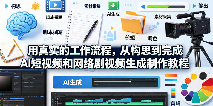 用真实的工作流程，从构思到完成AI短视频和网络剧视频生成制作教程-中英字幕-K6源码网