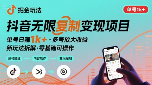 抖音掘金新玩法 单号1k+可以无限复制的项目-K6源码网