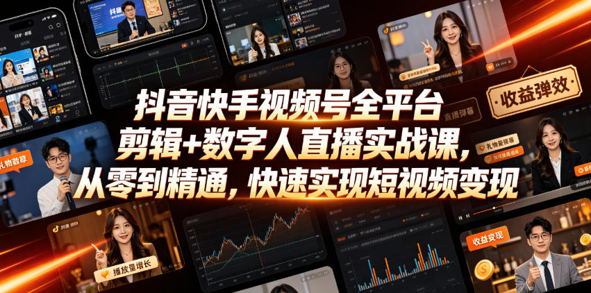 抖音快手视频号全平台剪辑+数字人直播实战课,从零到精通,快速实现短视频变现(更新2026年6月) 抖音快手视频号全平台剪辑+数字人直播实战课,从零到精通,快速实现短视频变现(更新2026年6月)